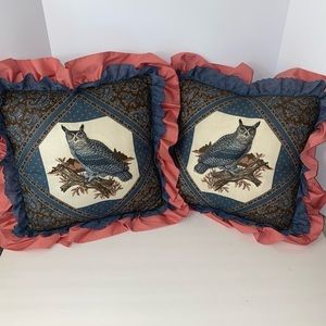 Vintage 3D Bird ~ Owl Design throw pillows 15” x 14” Country Decor Mauve & Blue